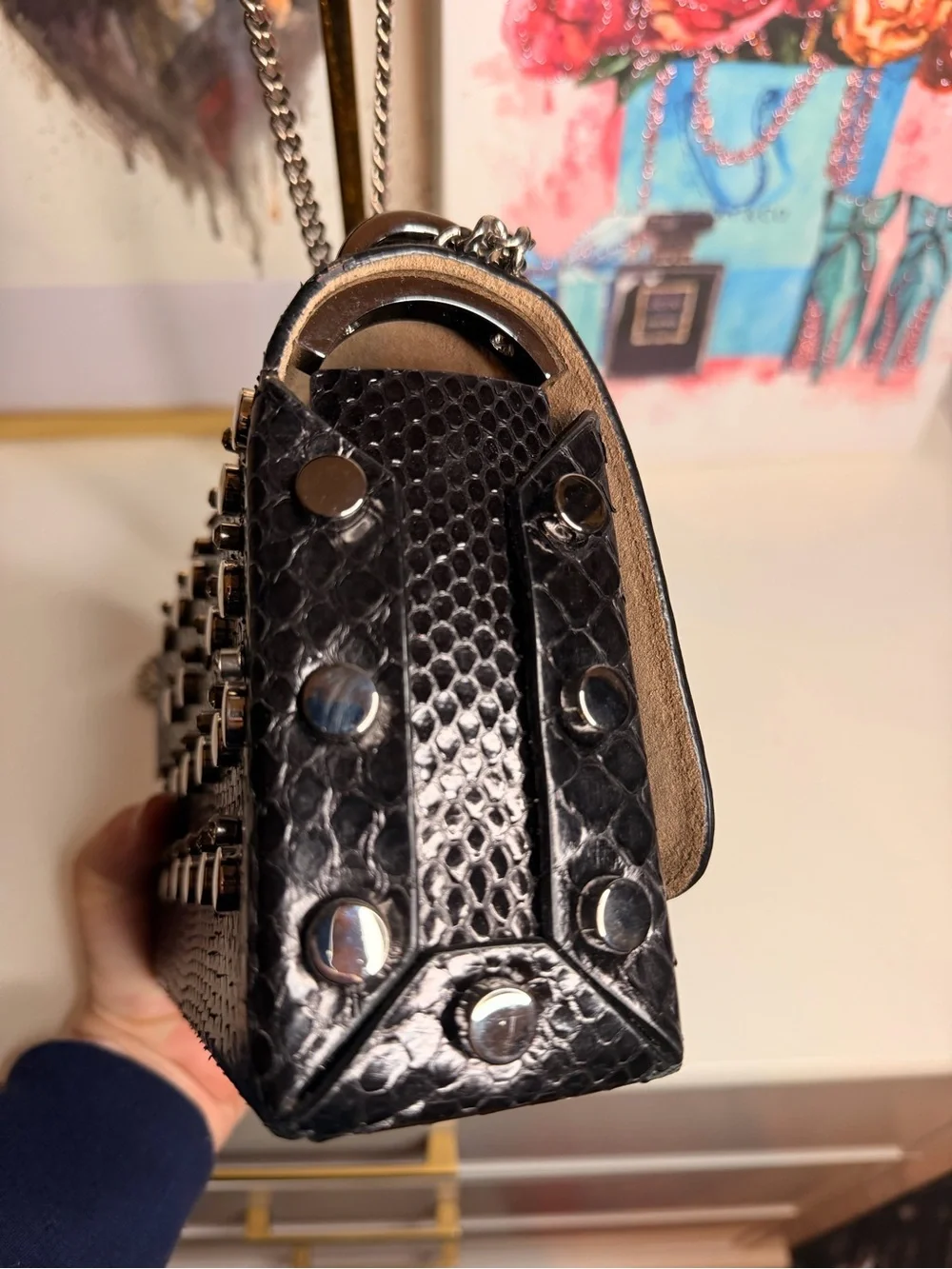Authentic Jimmy Choo Studded Chain Lockett Bag with Black Snakeskin leather